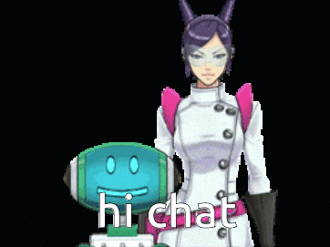 a pixel art of a woman and a robot that says hi chat