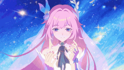 a girl with pink hair is holding a man in her arms