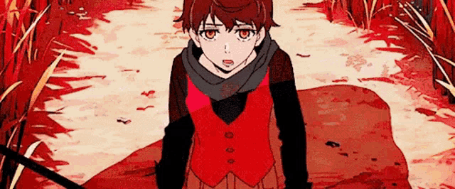a boy in a red vest is holding a sword and standing on a rock .