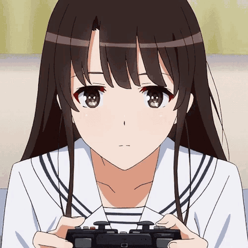a girl with long hair is holding a video game controller in her hands