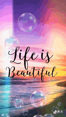 a picture of a beach with bubbles and the words `` life is beautiful '' .