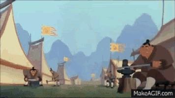 a cartoon of a man holding an anvil in a village with mountains in the background