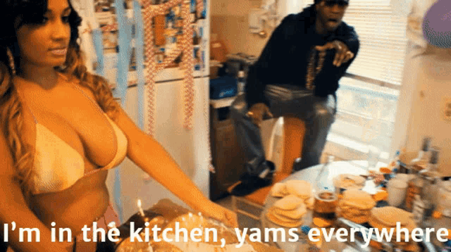 a woman in a bikini stands in a kitchen with yams everywhere written on the bottom
