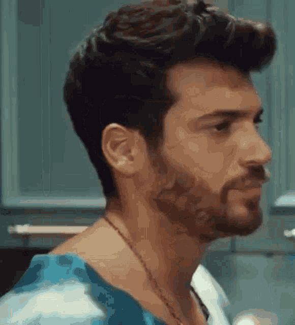 a close up of a man with a beard and a blue shirt .