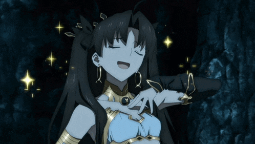 a black and gold anime character with her eyes closed and a ring on her finger