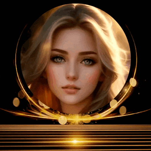 a woman 's face is in a gold circle