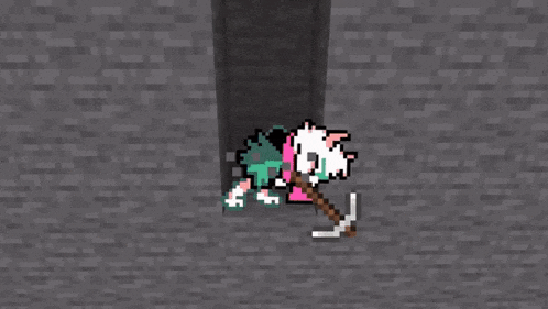 a pixel art of a person holding a pickaxe in a cave .