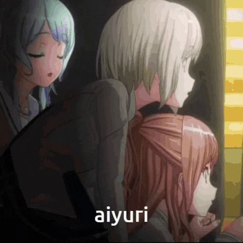 three anime girls are standing next to each other with aiyuri written on the bottom right