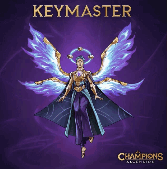 a poster for champions ascension shows a woman with wings on a purple background