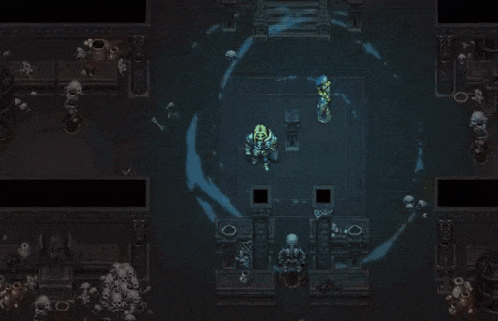 a screenshot of a video game with a person holding a sword in a room with skulls .