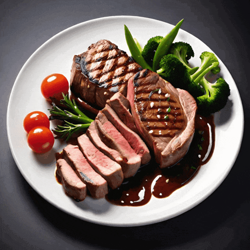a white plate topped with grilled meat broccoli and tomatoes