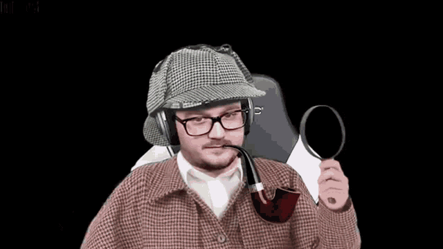 a man in a sherlock holmes hat and glasses is holding a magnifying glass and smoking a pipe .