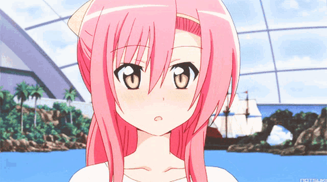 a girl with pink hair is standing in front of a body of water with a boat in the background