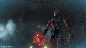 a robot is holding a red sword and the word sex is above him