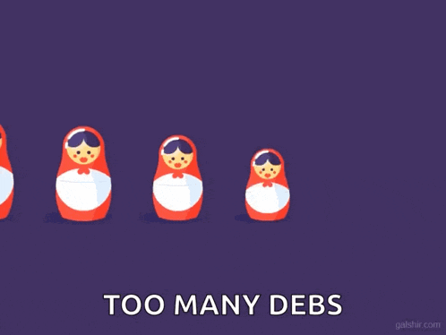 a cartoon of russian nesting dolls with the words " too many debs " below them