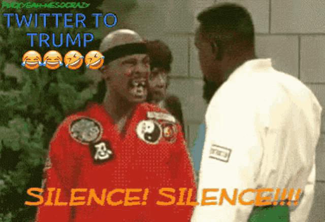 a man in a red karate uniform is talking to another man in a white shirt with the caption twitter to trump silence silence