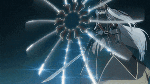 a person with long white hair is holding a sword in a dark room