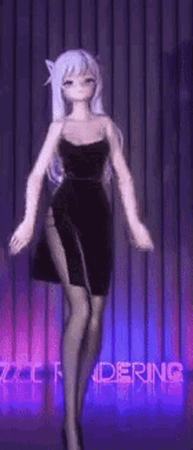 a 3d anime girl in a black dress is dancing on a stage .