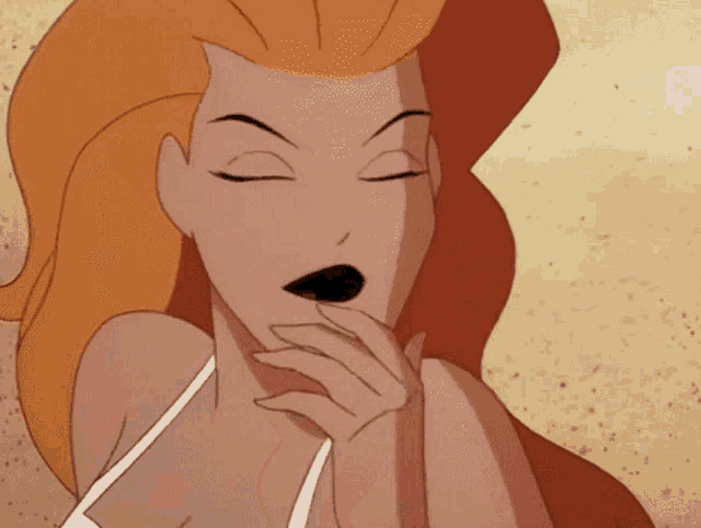 a cartoon of a woman with red hair covering her mouth