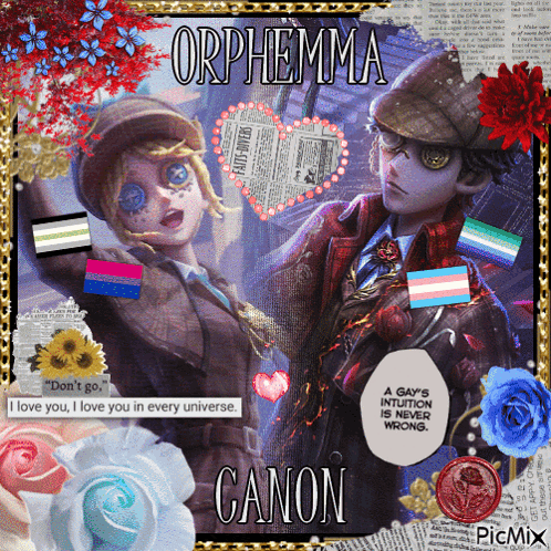 a picture of orphemma and canon with flowers and newspaper