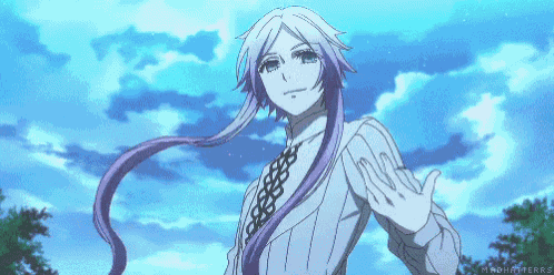 a man with long purple hair is wearing a white sweater and a tie