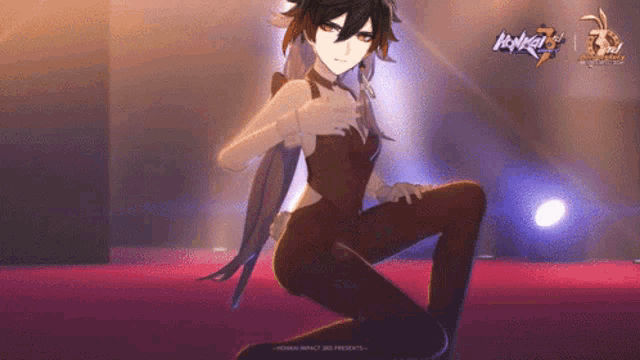 a cartoon character is kneeling down on a red carpet with the word honkai on the bottom