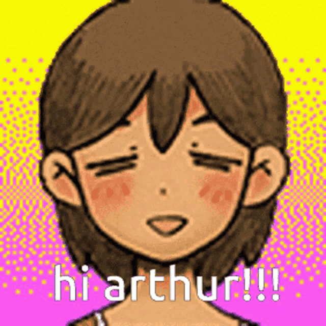 a pixel art of a girl with her eyes closed and the words hi arthur !!