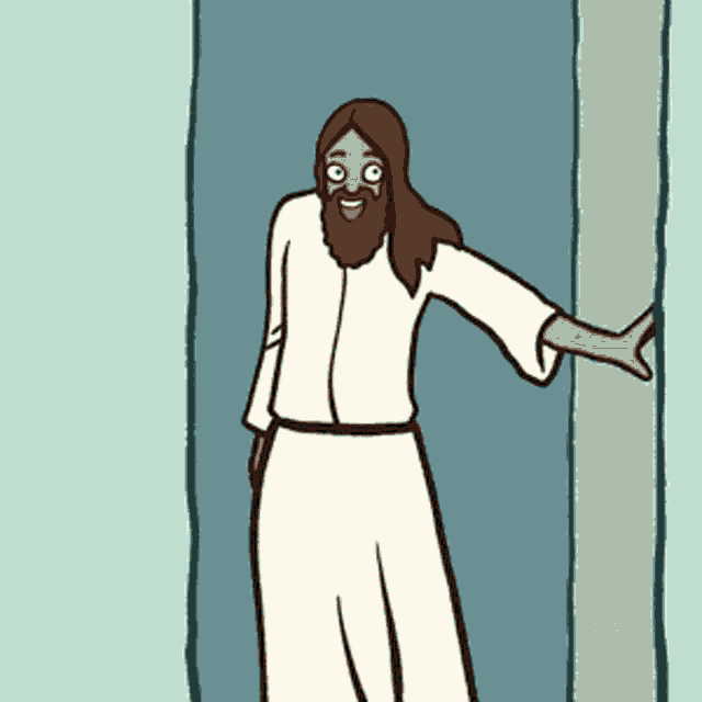 a cartoon of jesus standing in a doorway with his arm outstretched