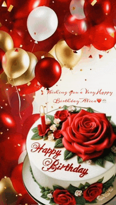 a birthday cake with red roses and balloons with the words " wishing you a very happy birthday mica "