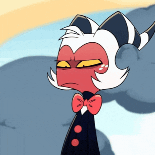 a cartoon character with horns and a bow tie looks angry