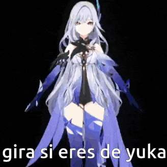 a girl in a blue dress is standing in front of a black background and says gira si eres de yuka .