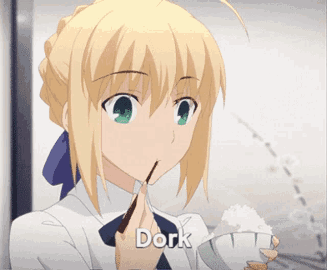 a blonde anime girl with green eyes is eating rice with a chopstick and the word dork above her