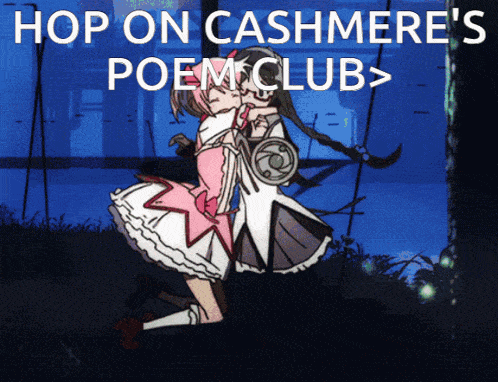 a poster for hop on cashmere 's poem club with two girls kissing on a swing