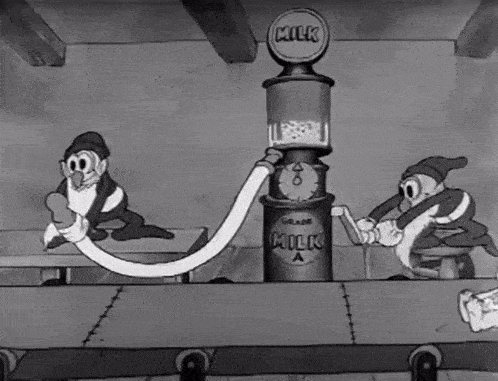a black and white cartoon shows gnomes pumping milk