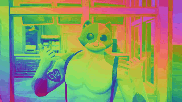 a colorful drawing of a man wearing a cat mask
