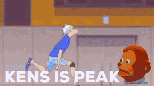 a cartoon of a man running with the words " kens is peak " behind him