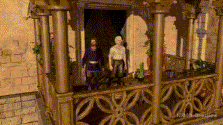 a couple of men standing on a balcony with nbm9 beatrice written on the bottom left