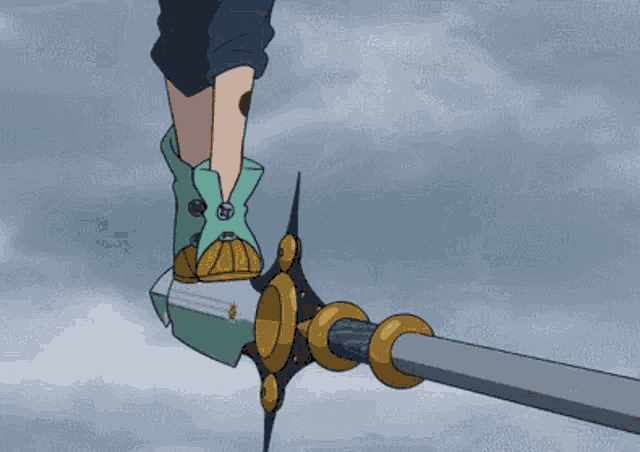 a person standing on a pole with a sword