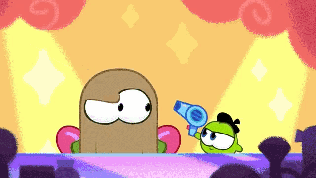 a cartoon character is holding a hair dryer in front of another character