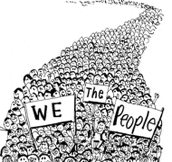 a black and white cartoon of a crowd of people holding signs that say we the people