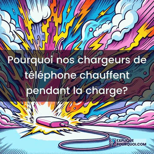 a colorful illustration with the words pourquoi nos chargeurs de telephone chauffent pendant la charge below it