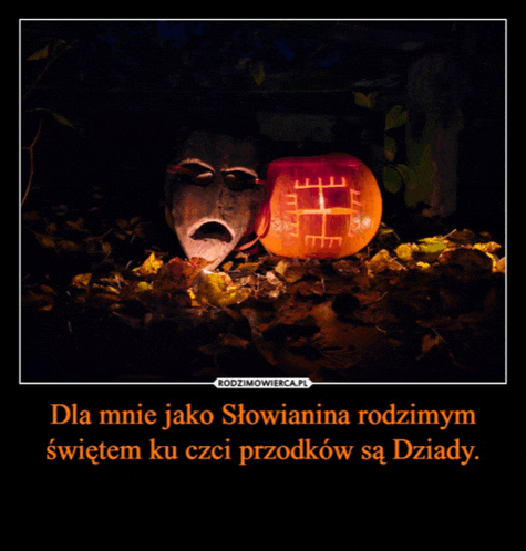 a pumpkin with a cross carved into it sits next to a stone mask