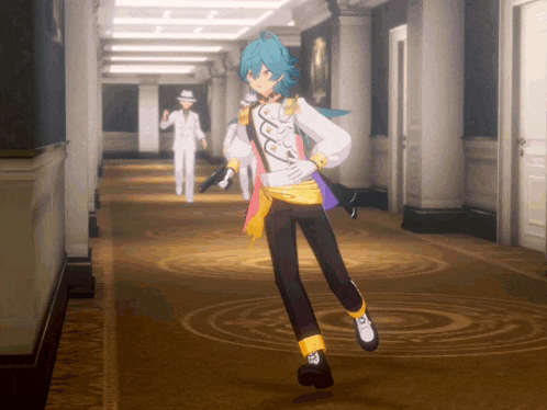 a man with blue hair is standing in a hallway