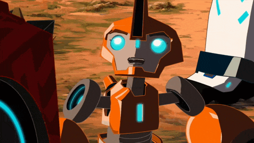 a cartoon robot with blue eyes is standing on a dirt field