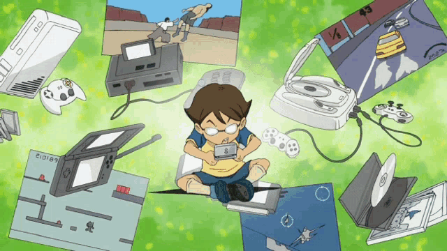 a cartoon drawing of a boy playing a video game surrounded by electronic devices