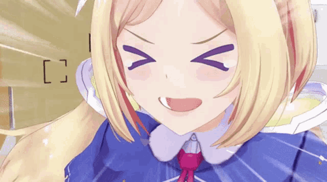 a girl with blonde hair and a purple tie is smiling