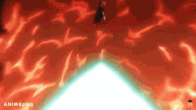 a person is standing in the middle of a fire and a light is coming out of it .