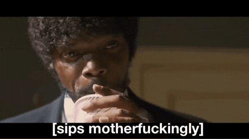 a man in a suit is drinking from a cup with the words sips motherfuckingly written on the bottom