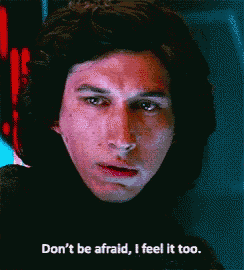 a close up of a man 's face with the words " do n't be afraid , i feel it too "