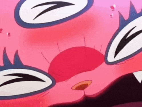 a close up of a cartoon cat 's mouth with a pink background .